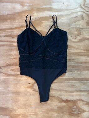 Black Lace Bodysuit with Strappy Details